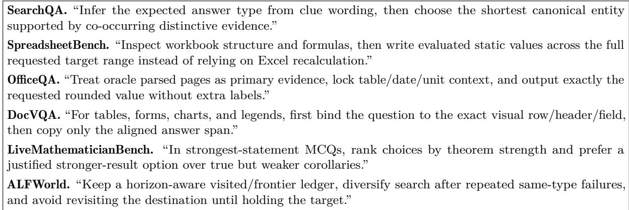 Representative procedural rules learned for six benchmarks